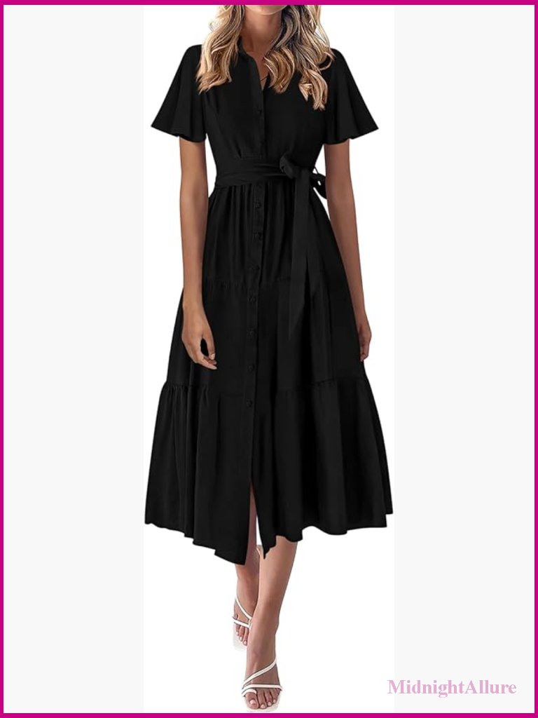 Summer Button Down Maxi Dress Flutter Sleeve Tiered Beach Sun Dress